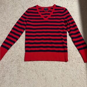 Tommy Hilfiger Red and Navy V-Neck Sweater